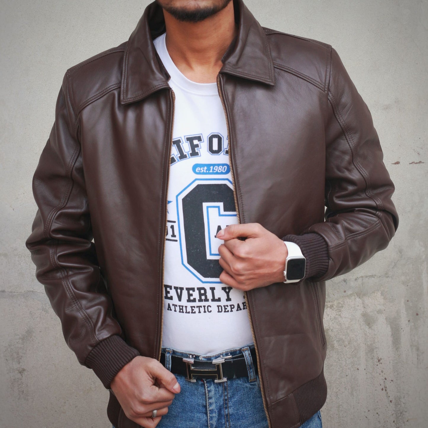 Men Leather Jacket with Fur Collar - Brown