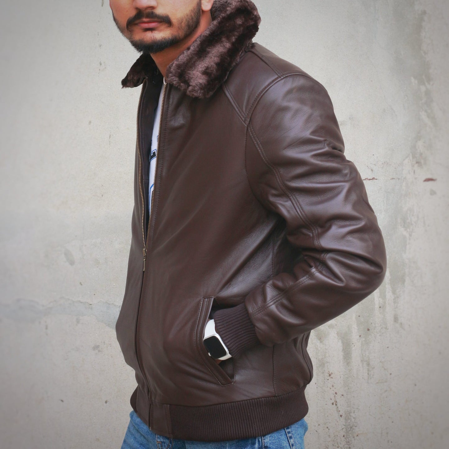 Men Leather Jacket with Fur Collar - Brown