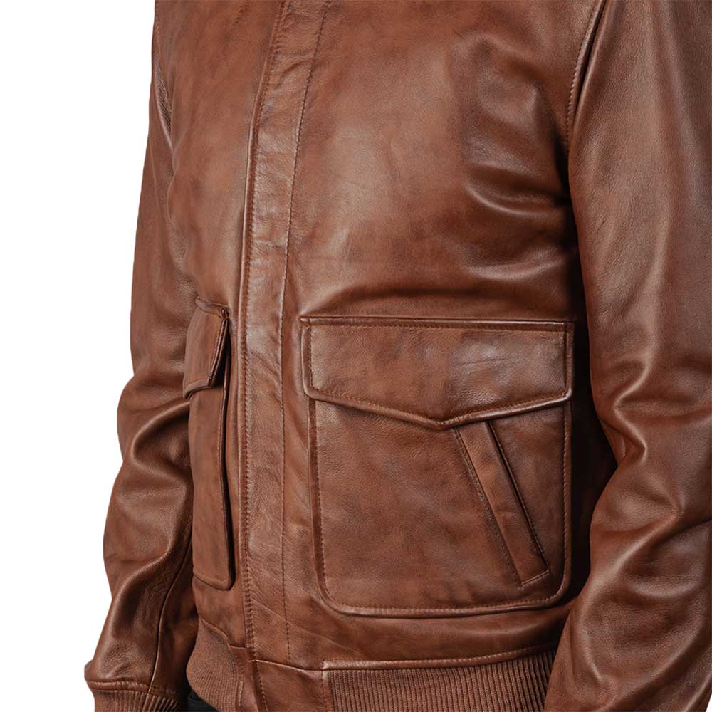 Men Leather Bomber Aviator Jacket - Brown