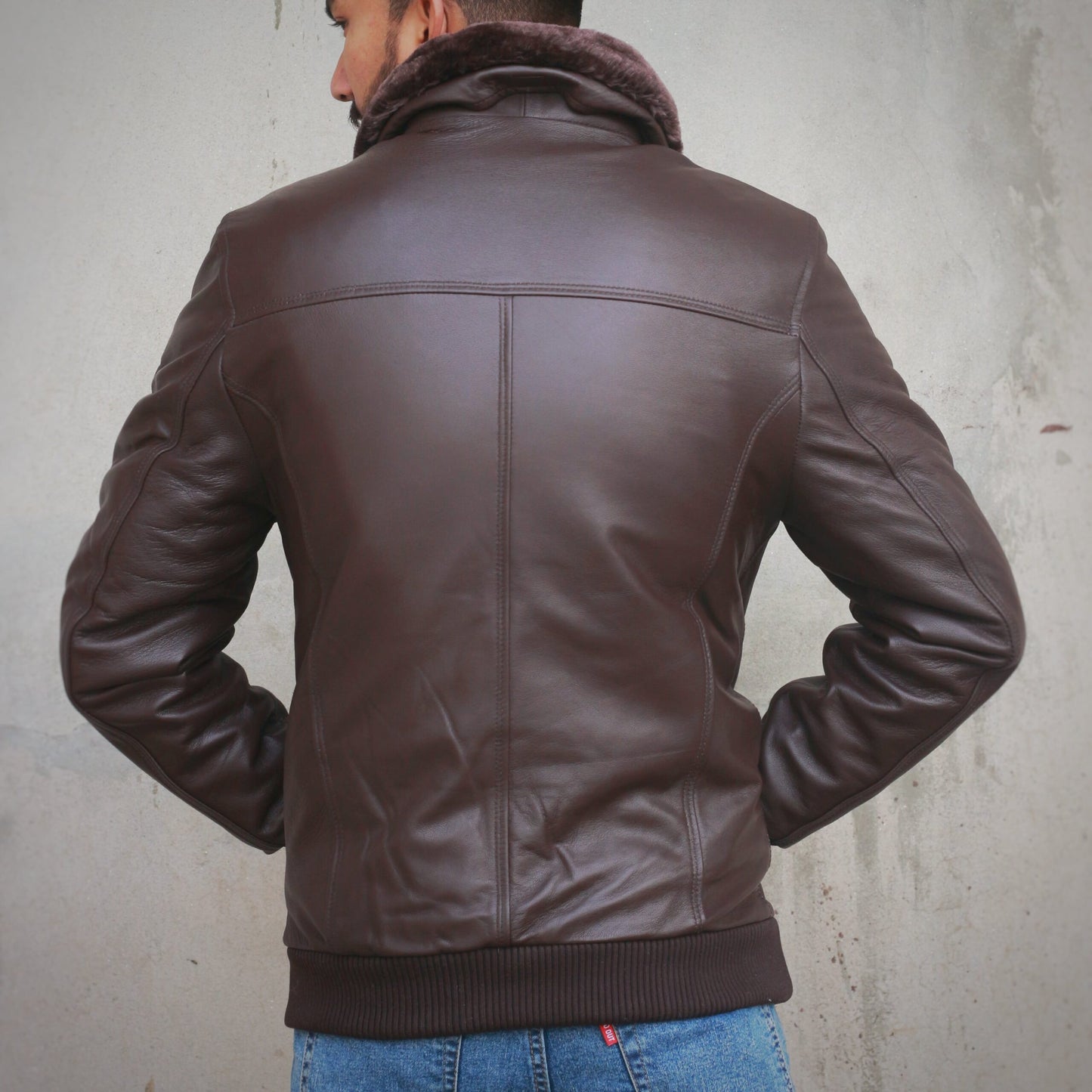 Men Leather Jacket with Fur Collar - Brown