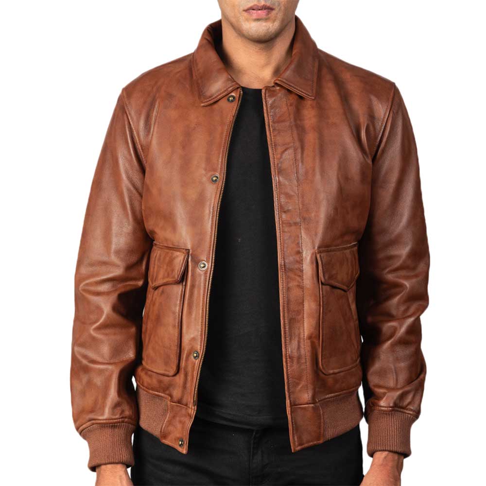 Men Leather Bomber Aviator Jacket - Brown