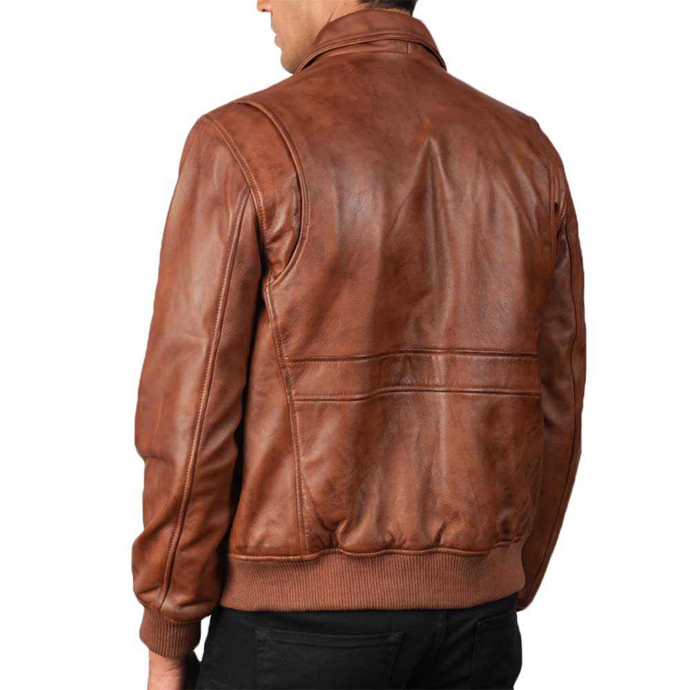 Men Leather Bomber Aviator Jacket - Brown