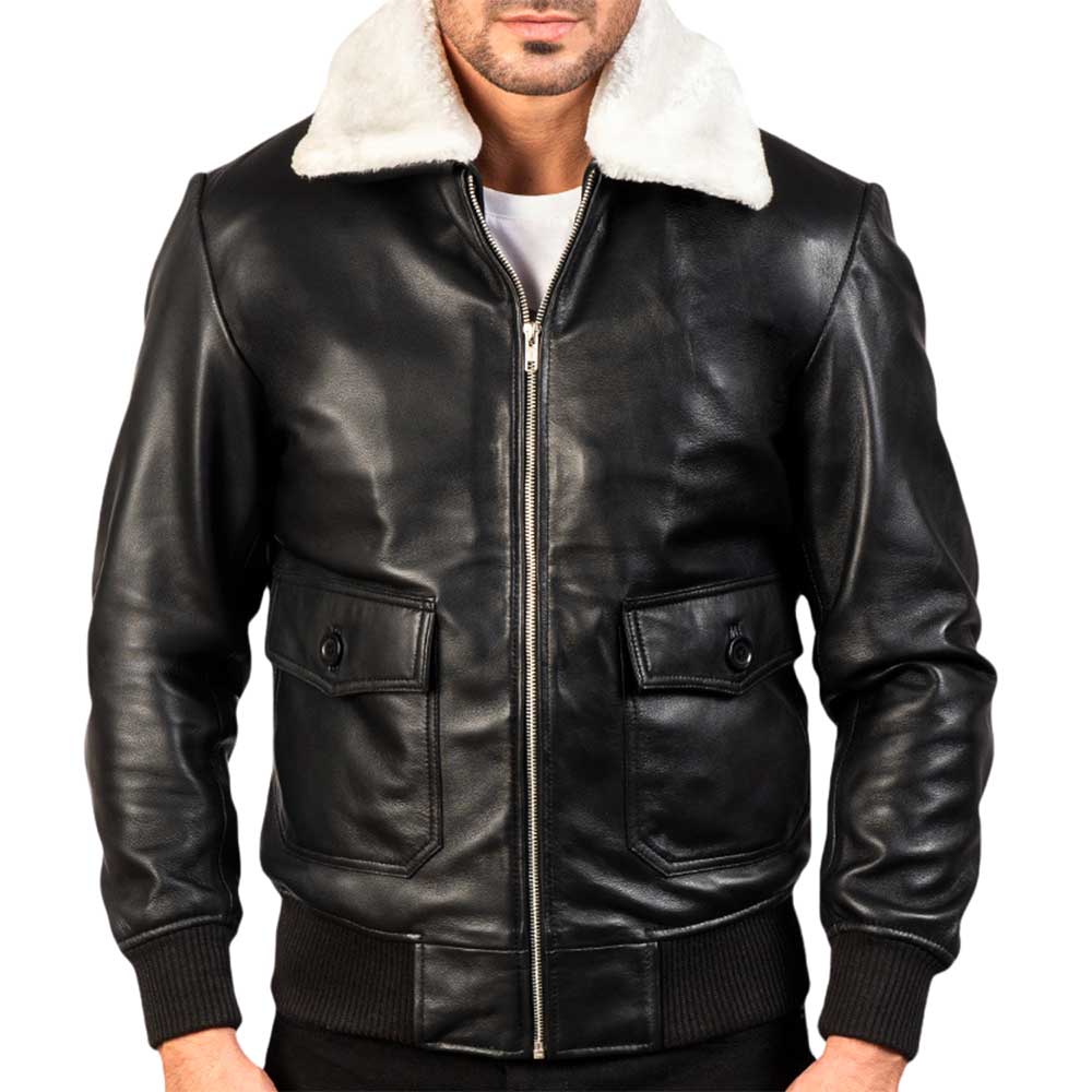 Men Collar Fur Leather Jacket - White