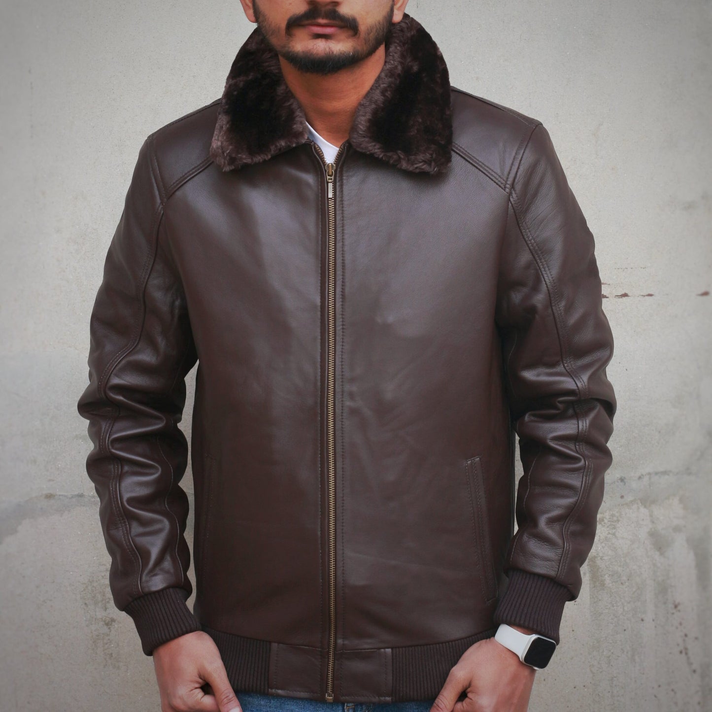 Men Leather Jacket with Fur Collar - Brown