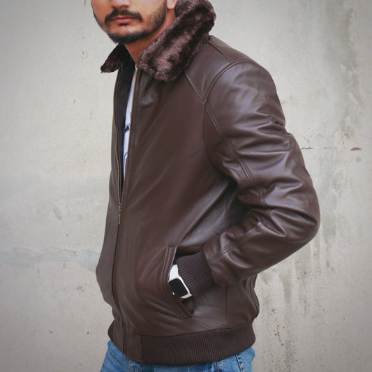 Men Leather Jacket with Fur Collar - Brown