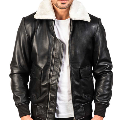 Men Collar Fur Leather Jacket - White