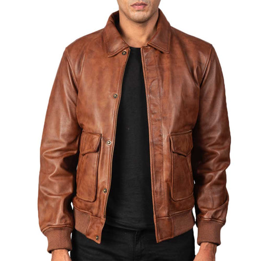 Men Leather Bomber Aviator Jacket - Brown
