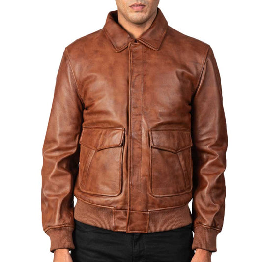 Men Leather Bomber Aviator Jacket - Brown
