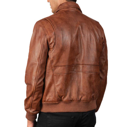 Men Leather Bomber Aviator Jacket - Brown