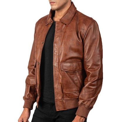Men Leather Bomber Aviator Jacket - Brown